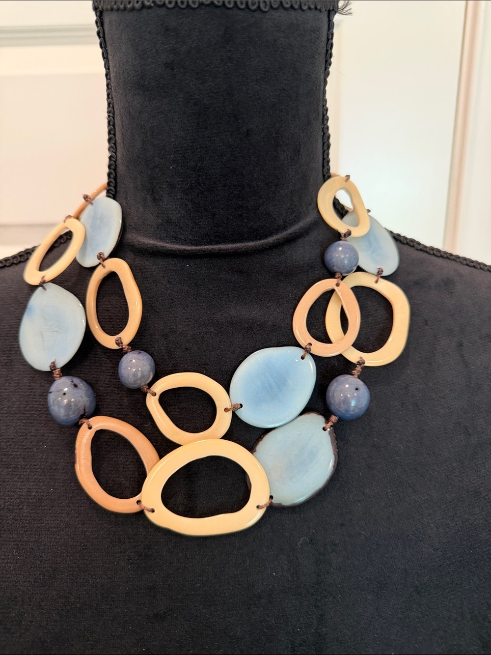 Layered Blue and Beige Statement Necklace - Women's Fashion Jewelry